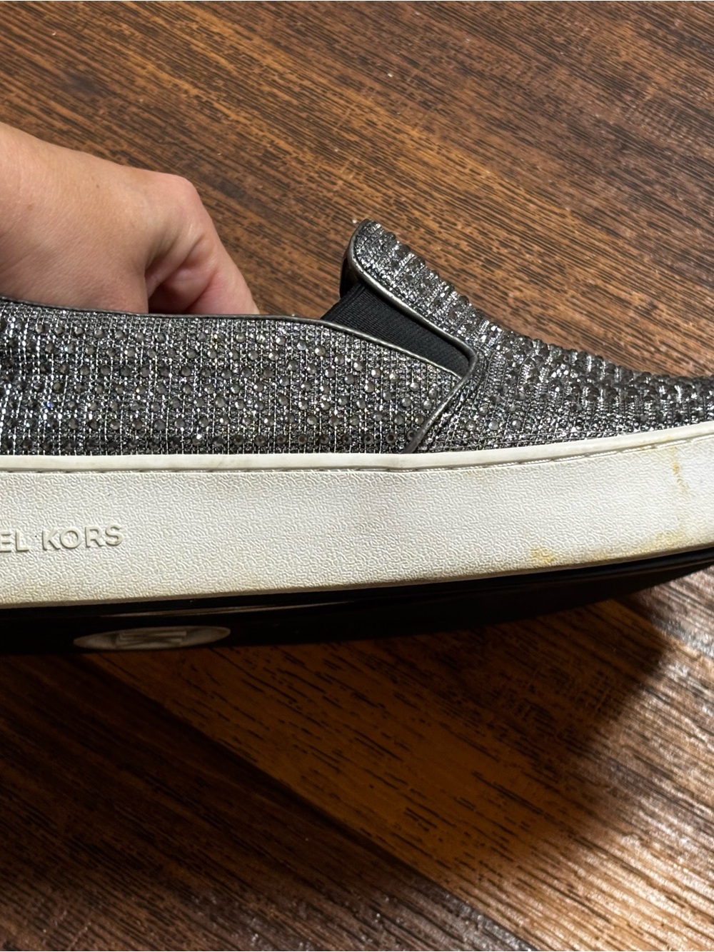 Michael Kors Women's Bedazzled Diamond Grey Metallic Silver Slip-On Sneakers - Picture 9 of 10